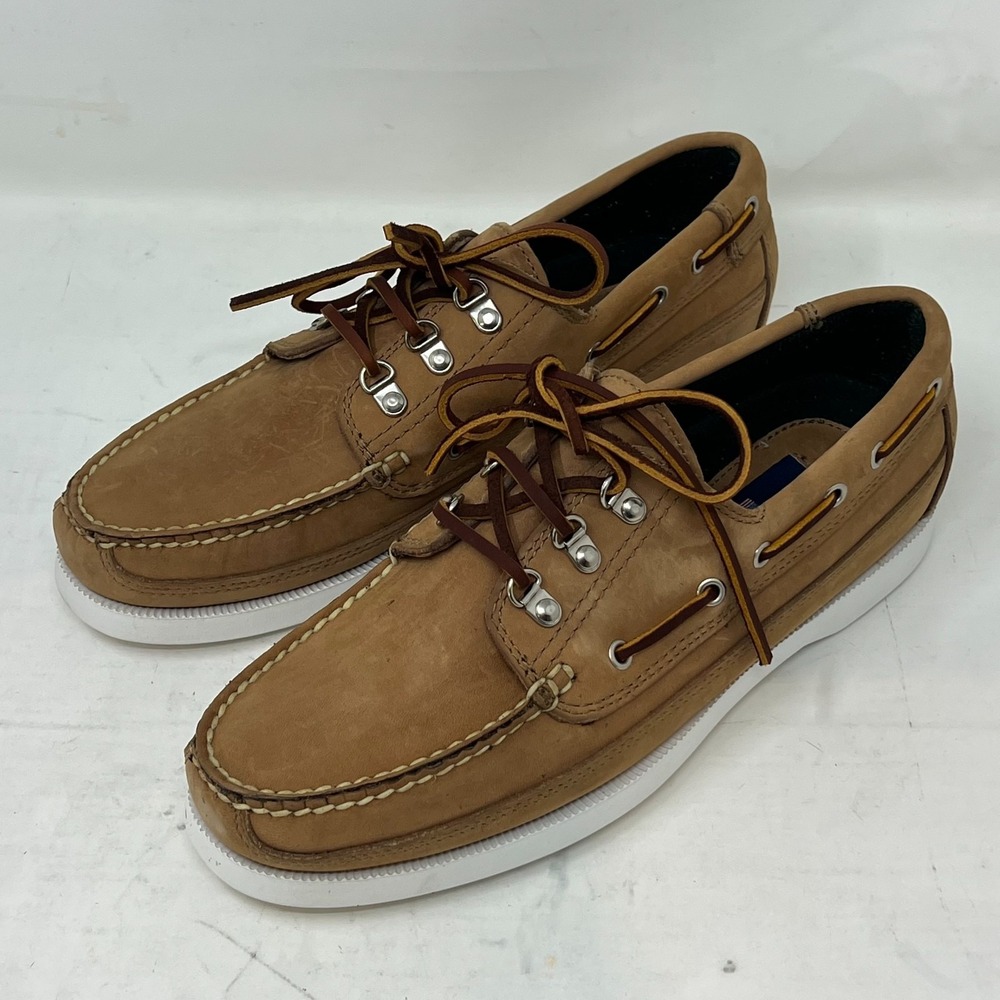 Polo Sport Ralph Lauren Boat Shoes Tan Leather Moc Toe Beige Men's 8.5D VTG NEW